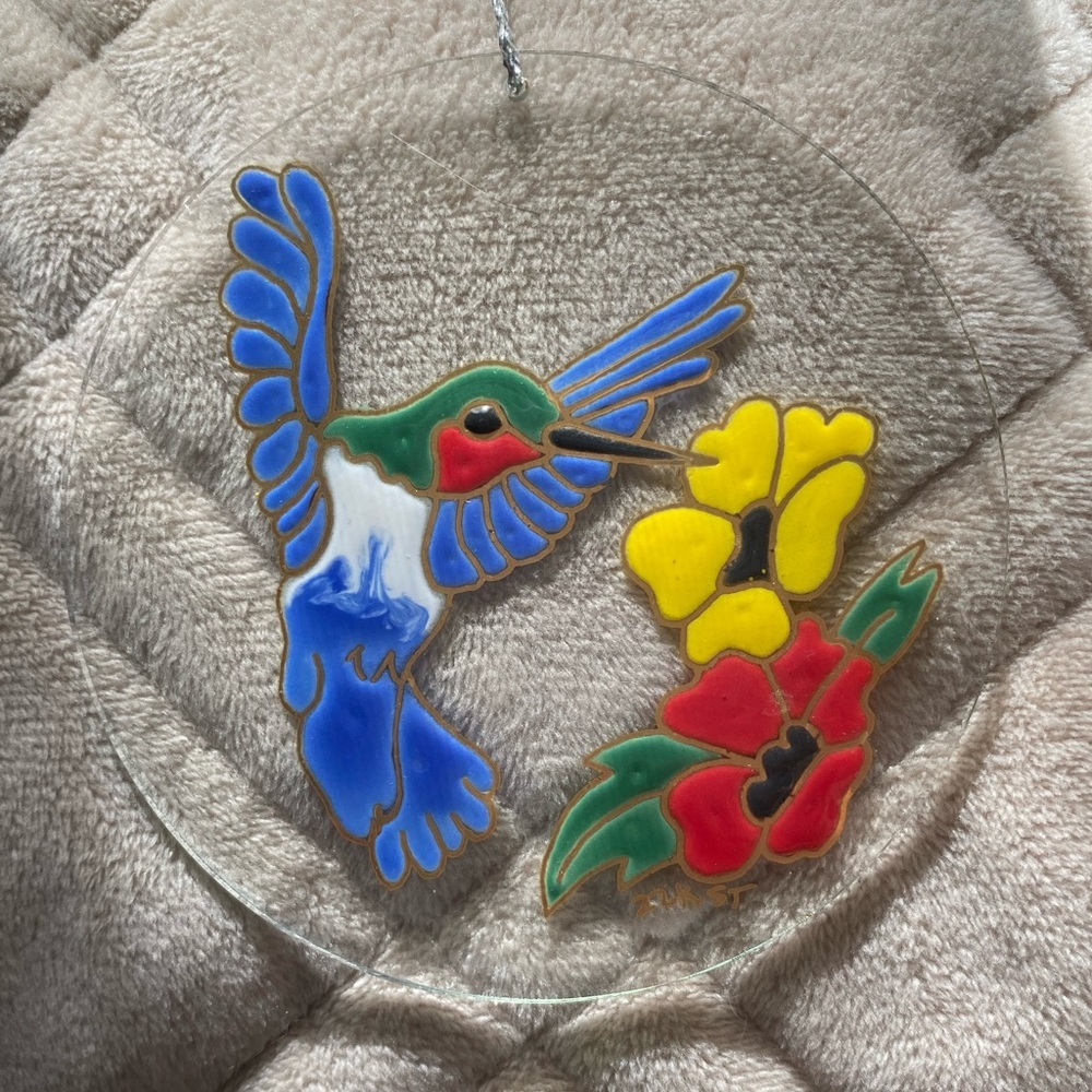 Hummingbird and Flower Suncatcher stained glass outlined with 22k signed ST #21